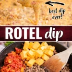 Cheesy Rotel Dip served with tortilla chips and garnished with fresh herbs.