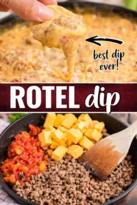 Cheesy Rotel Dip served with tortilla chips and garnished with fresh herbs.