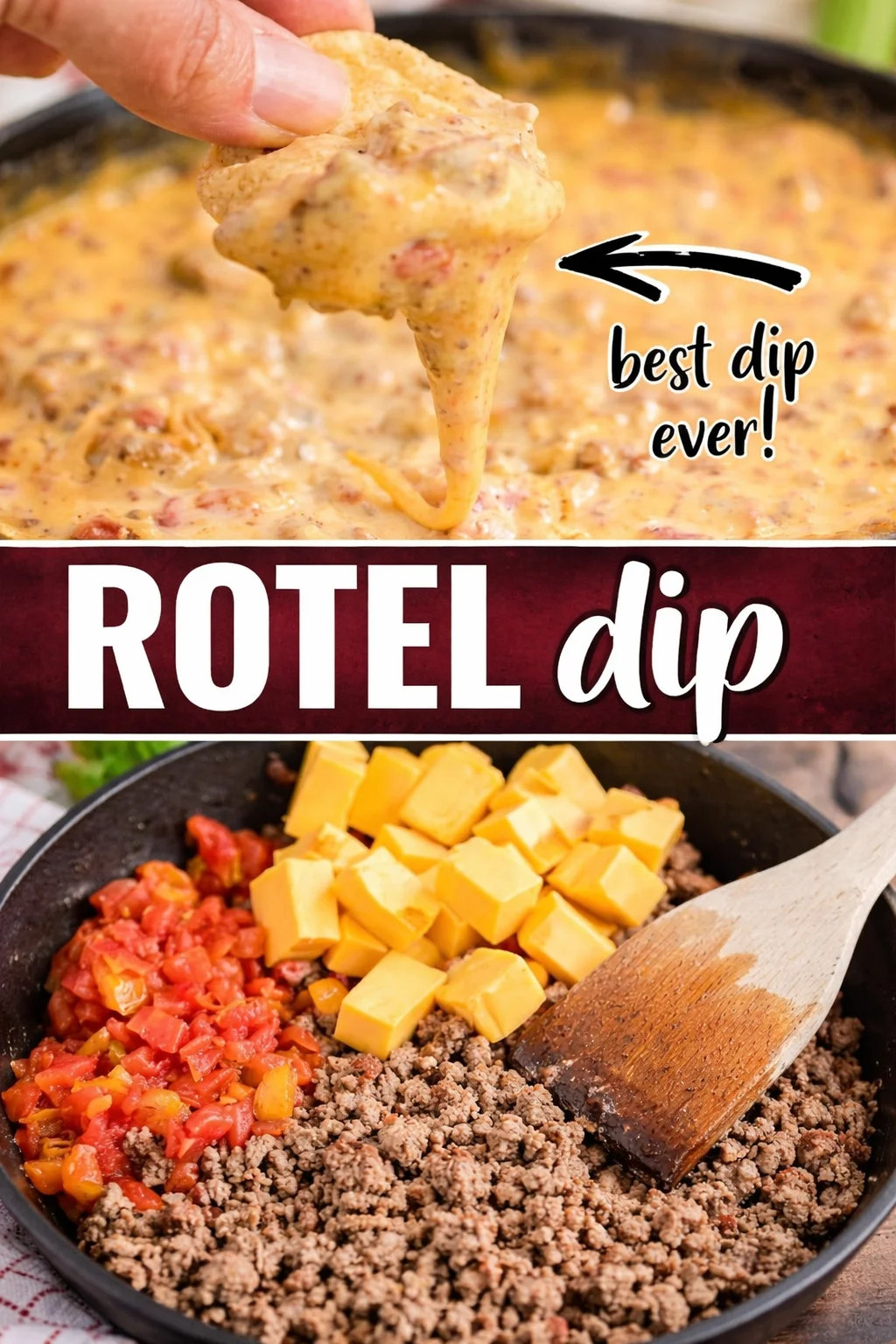 Cheesy Rotel Dip served with tortilla chips and garnished with fresh herbs.