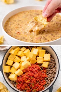 Delicious Rotel Velveeta Beef Dip served in a bowl with tortilla chips