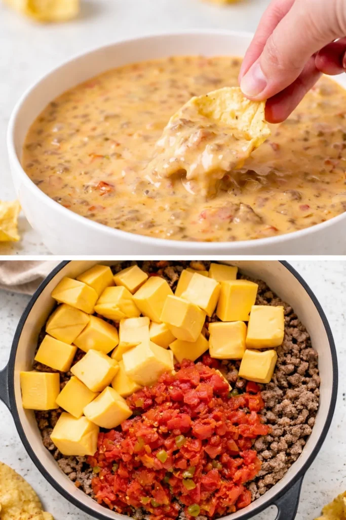 Delicious Rotel Velveeta Beef Dip served in a bowl with tortilla chips