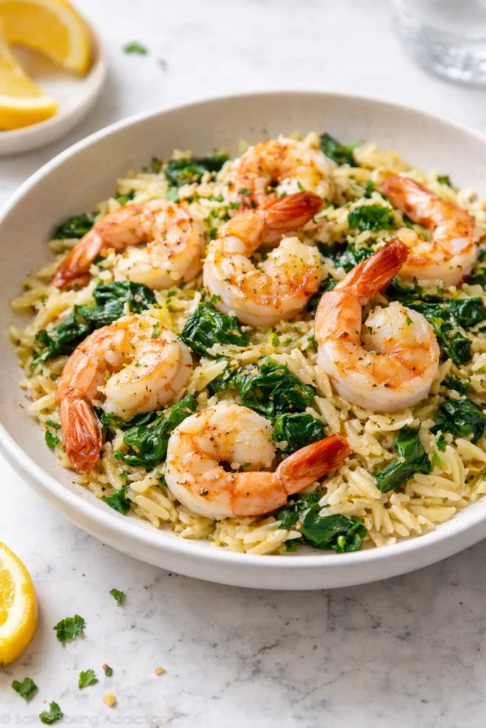 One pot lemon garlic shrimp served with spinach orzo