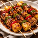 Grilled pineapple chicken kabobs plated with vibrant vegetables