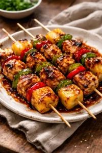 Grilled pineapple chicken kabobs plated with vibrant vegetables