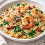 Shrimp Orzo dish featuring succulent shrimp and orzo pasta in a flavorful sauce