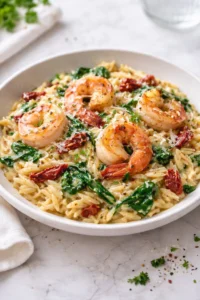 Shrimp Orzo dish featuring succulent shrimp and orzo pasta in a flavorful sauce