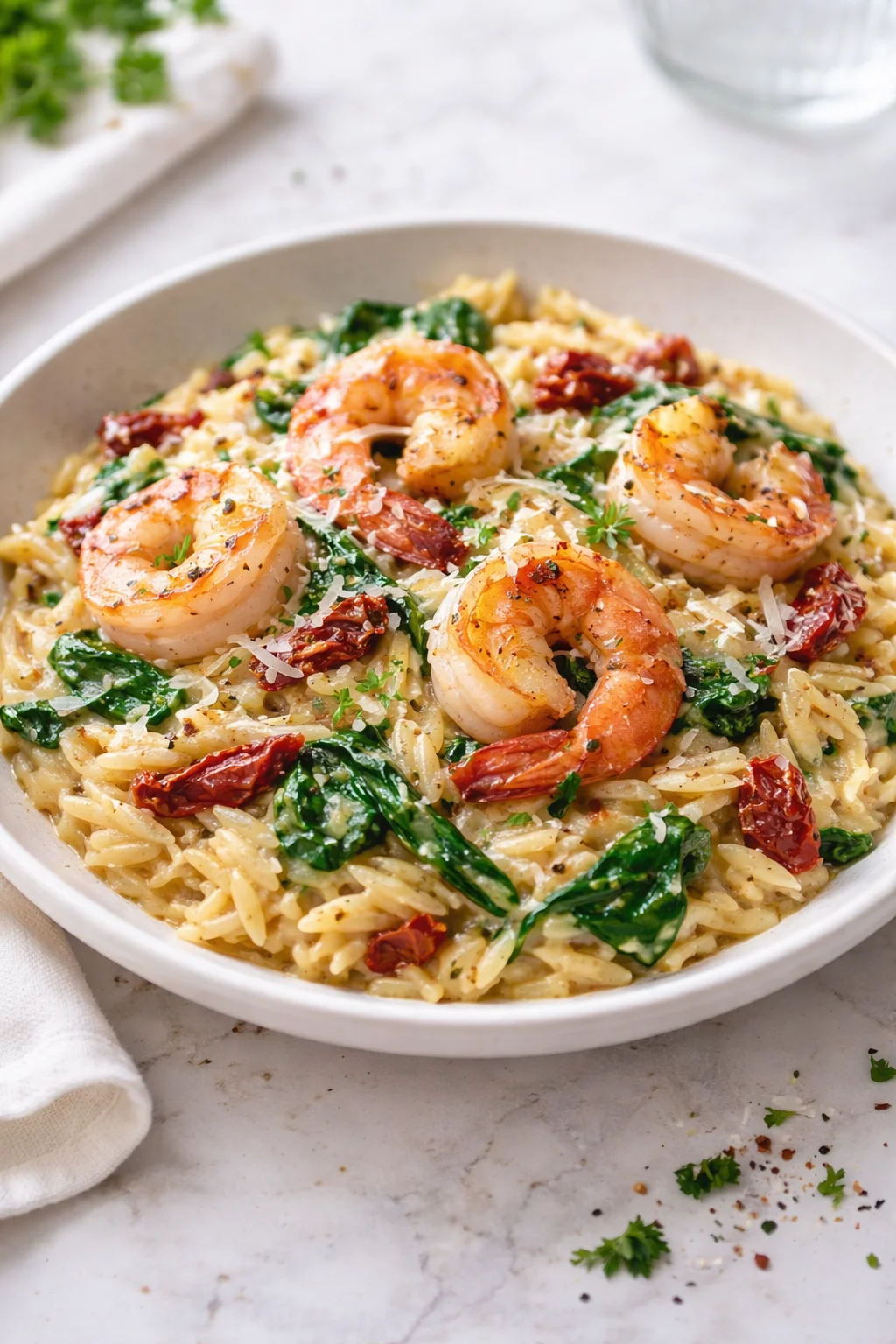 Shrimp Orzo dish featuring succulent shrimp and orzo pasta in a flavorful sauce