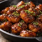 Sticky Honey Garlic Chicken Skillet Bites ready to serve in a skillet