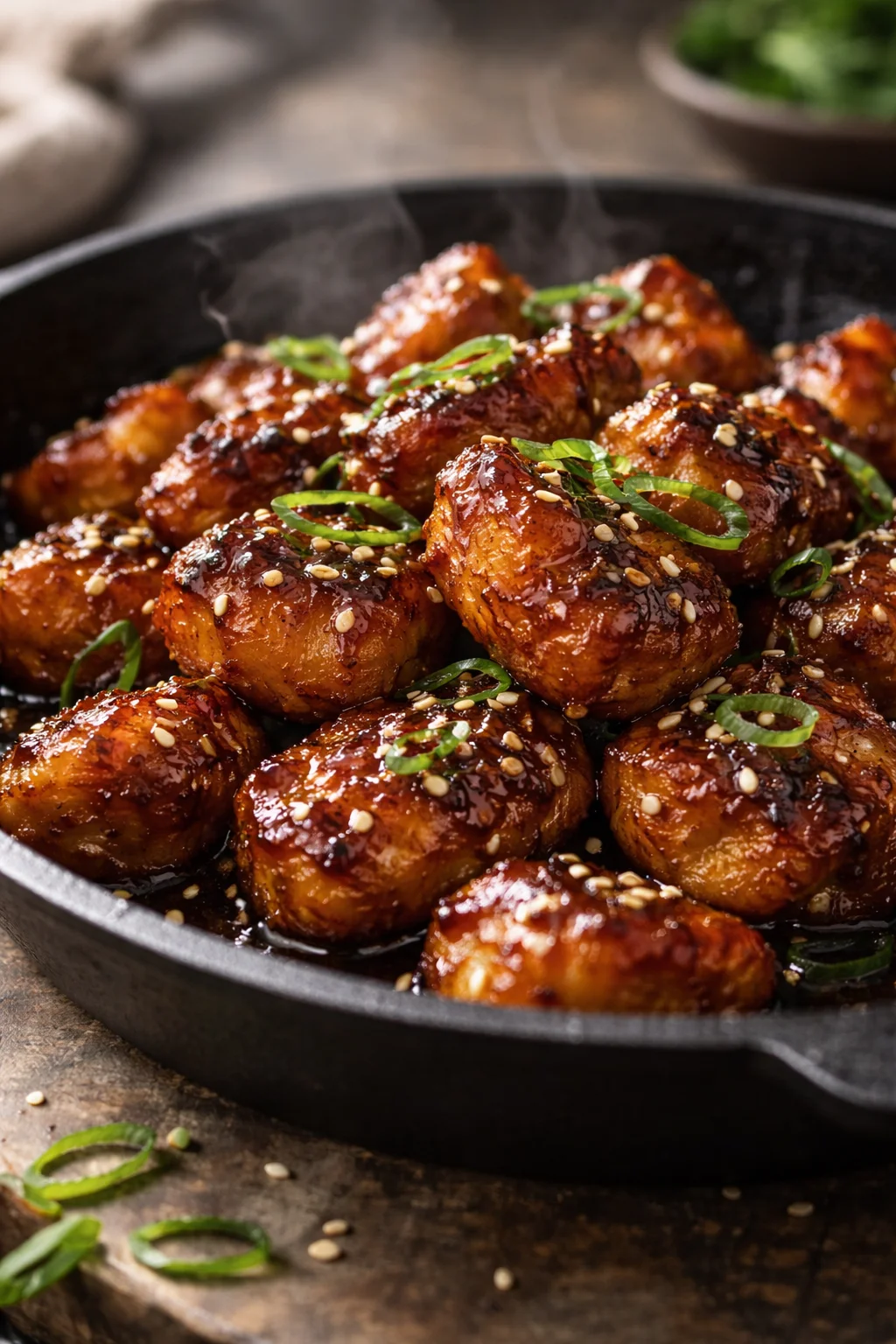 Sticky Honey Garlic Chicken Skillet Bites ready to serve in a skillet