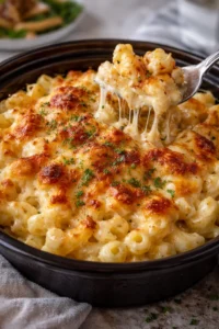 Delicious bowl of the best mac and cheese topped with melted cheese