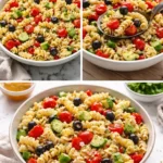 Delicious pasta salad with Italian dressing, fresh vegetables, and herbs.