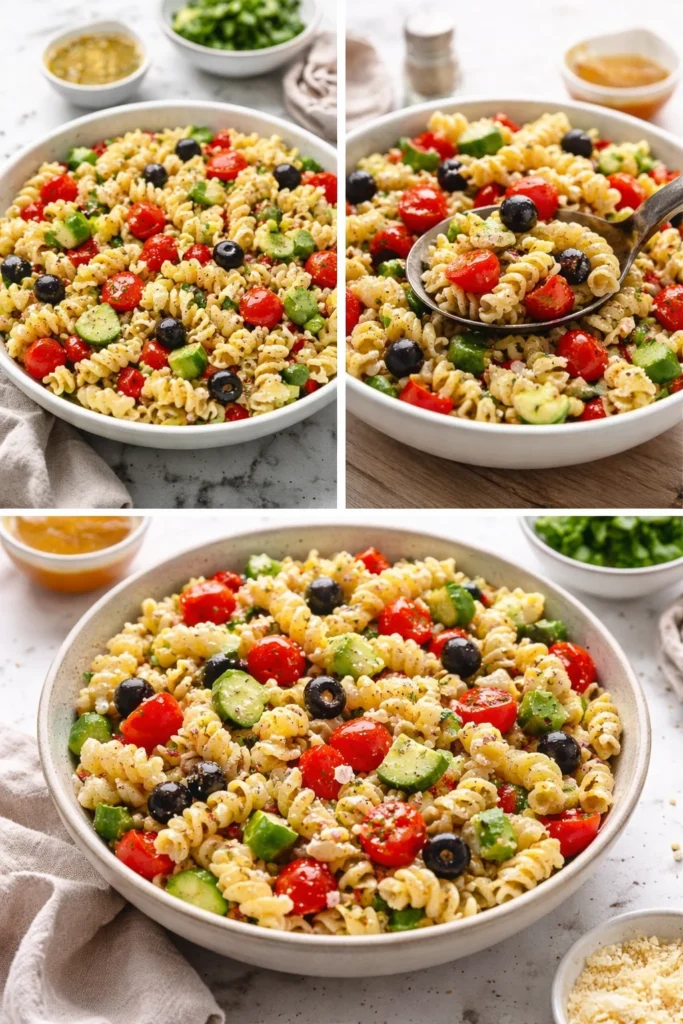 Delicious pasta salad with Italian dressing, fresh vegetables, and herbs.