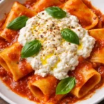 Delicious Burrata Pasta served with fresh herbs and tomatoes in a bowl