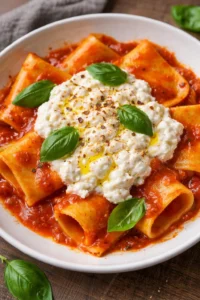 Delicious Burrata Pasta served with fresh herbs and tomatoes in a bowl