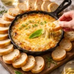 Caramelized Onion Cheese Dip served in a bowl with crackers and vegetables