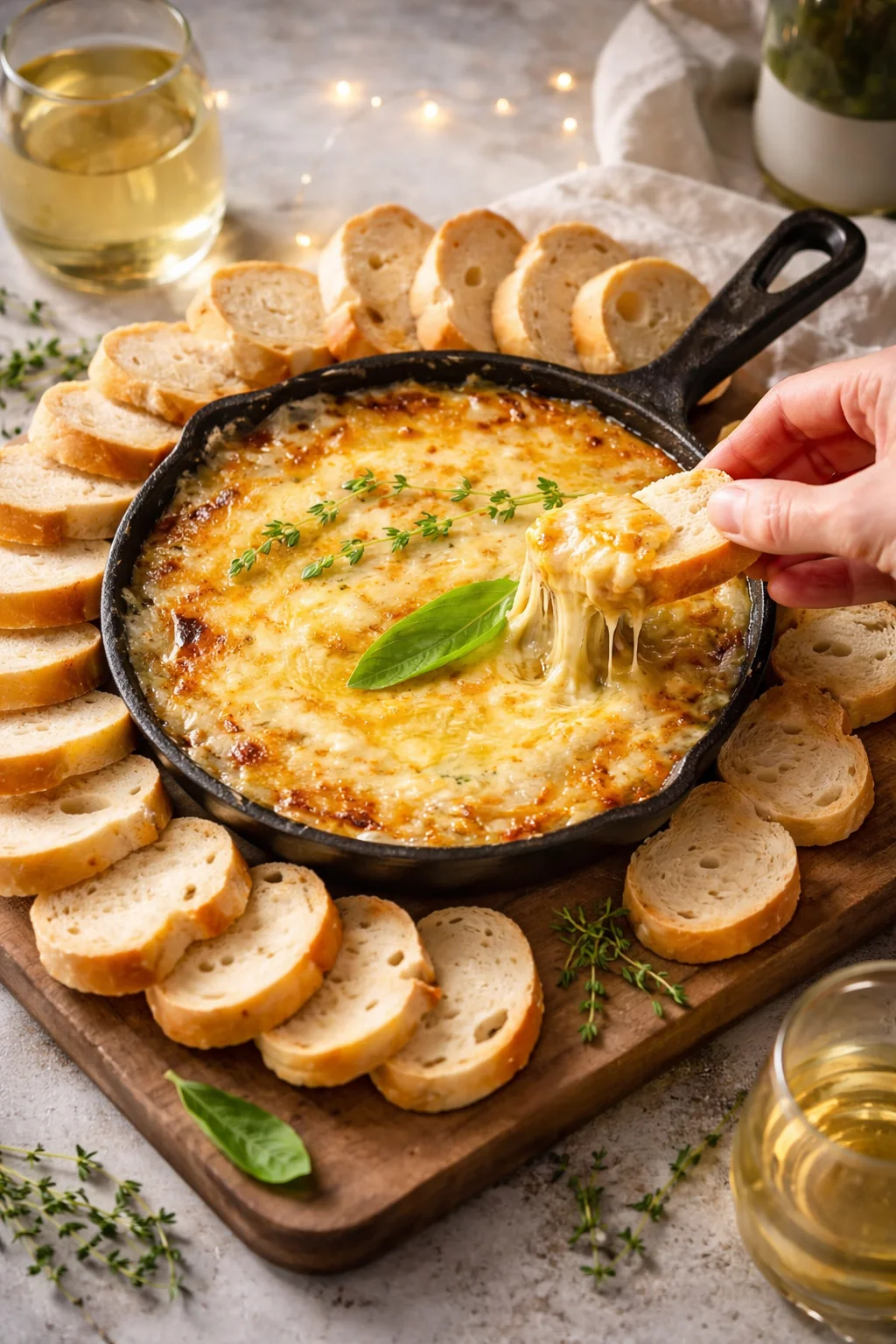 Caramelized Onion Cheese Dip served in a bowl with crackers and vegetables