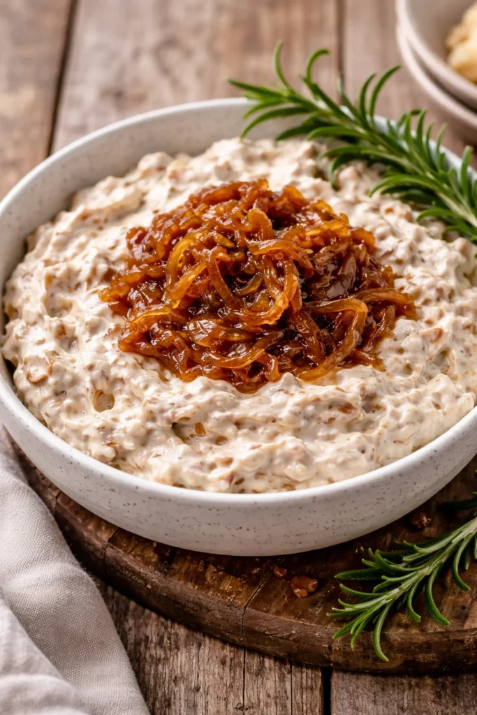 Delicious caramelized onion dip served in a bowl with fresh vegetables