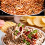 Creamy caramelized onion dip served with chips and vegetables.