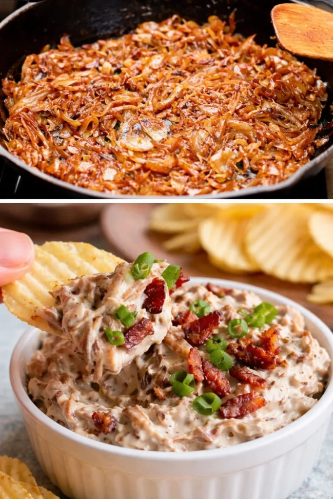 Creamy caramelized onion dip served with chips and vegetables.