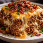 Cheesy loaded meatloaf casserole topped with melted cheese and herbs in a baking dish
