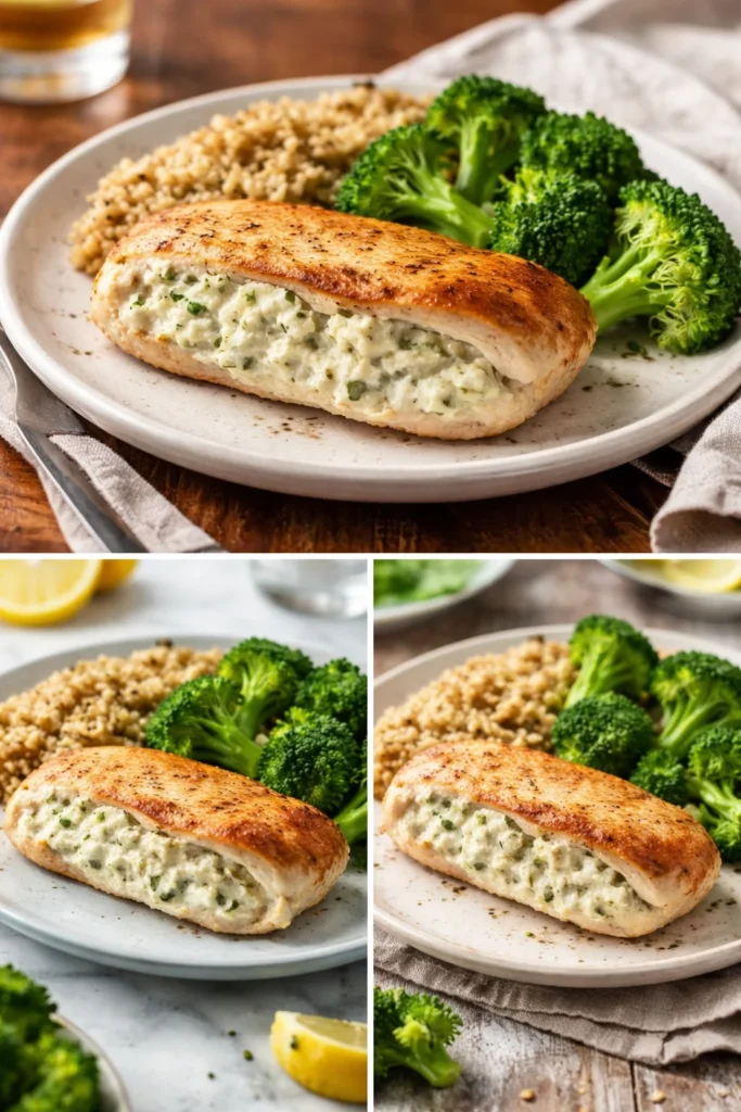 Cream cheese and herb stuffed chicken on a plate, ready to serve.