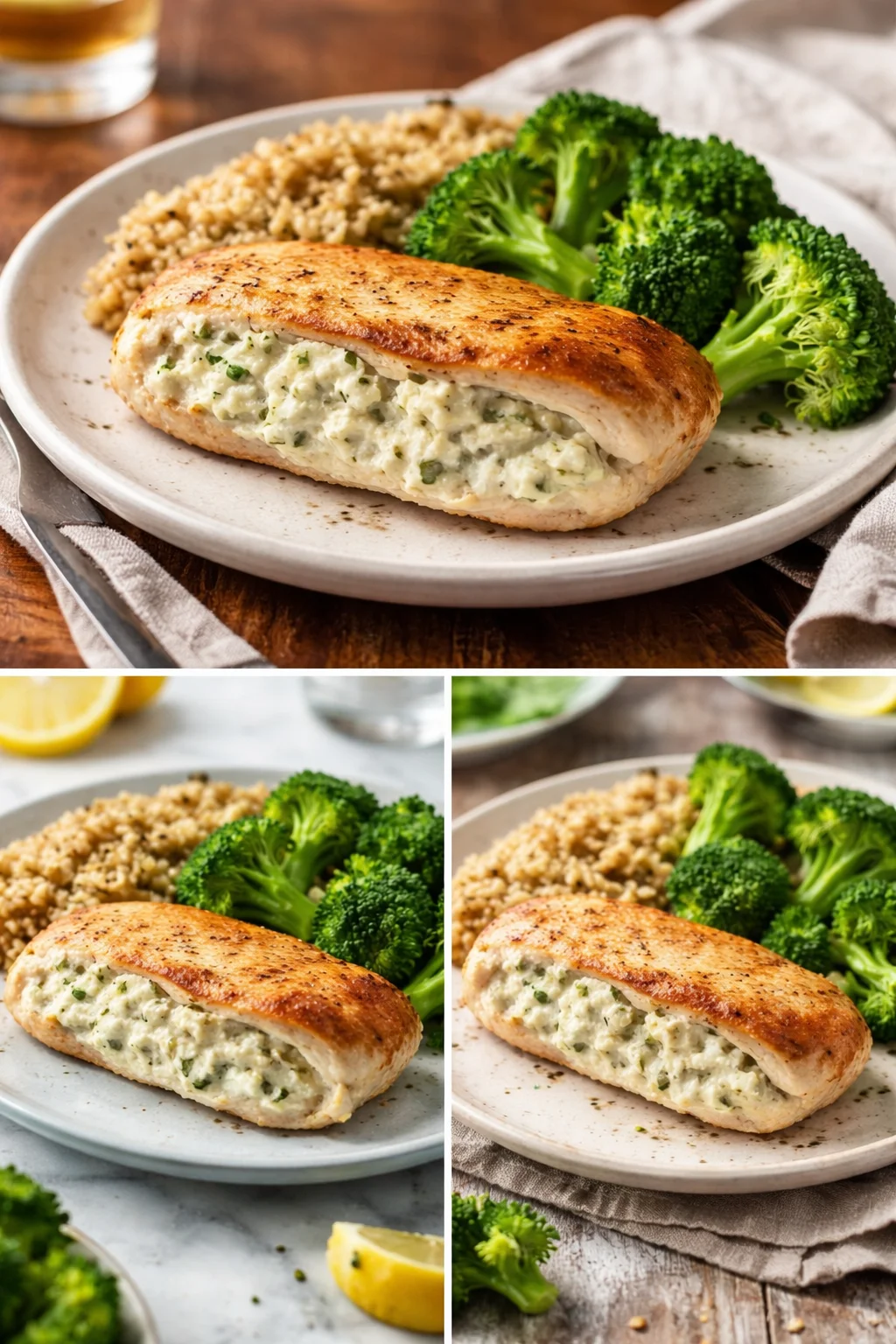 Cream cheese and herb stuffed chicken on a plate, ready to serve.