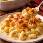 Creamy baked macaroni and cheese topped with golden breadcrumbs