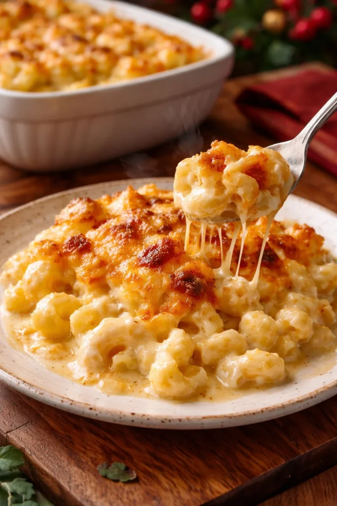 Creamy baked macaroni and cheese topped with golden breadcrumbs