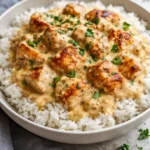 Bowl of creamy smothered chicken and rice dish garnished with herbs