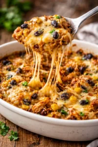 Crockpot chicken enchiladas casserole served in a dish.