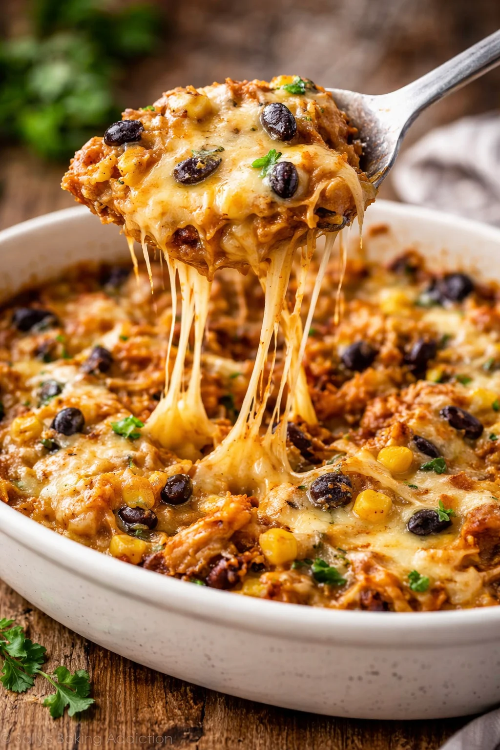 Crockpot chicken enchiladas casserole served in a dish.