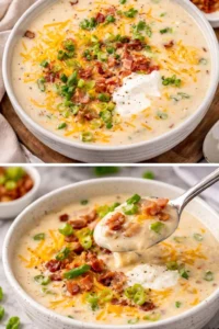 Creamy crockpot potato soup garnished with green onions and bacon.