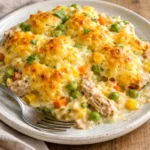 Easy chicken cobbler dinner casserole with flaky topping and savory filling.