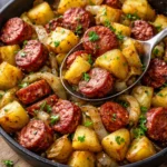 Fried potatoes with onions and smoked Polish sausage served in a skillet.
