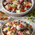 Colorful fruit salad with honey yogurt dressing served in a bowl