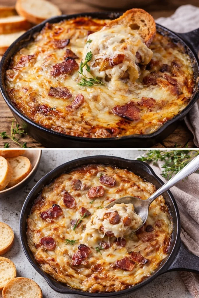 Hot caramelized onion dip with bacon and Gruyere served in a bowl