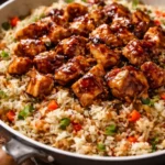 One-Pan Bold Honey BBQ Chicken Rice dish served on a plate with fresh herbs.