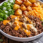 Delicious Smash Burger Bowl with beef, vegetables, and toppings served in a bowl