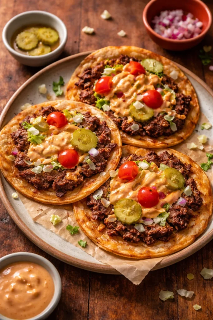 Smash Burger Tacos topped with special sauce on a serving plate